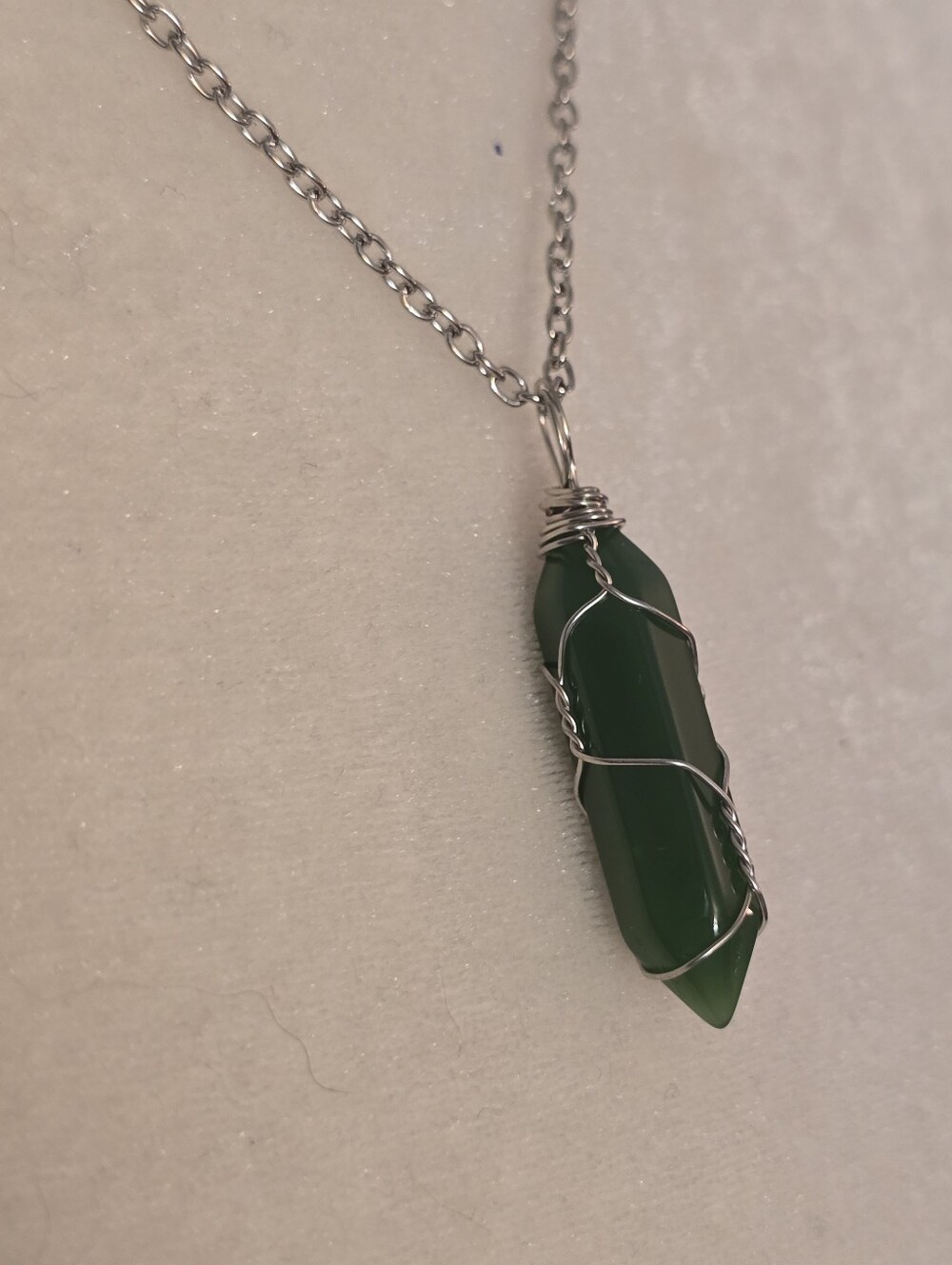 Green Crystal Point Pendant Necklace - Minimal Wire Wrap